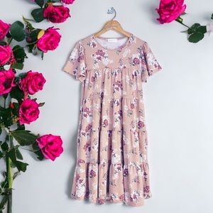 Perfect Peach Dusty Mauve Floral Ruffle Tiered Swing Dress w/Pockets S (4/6)